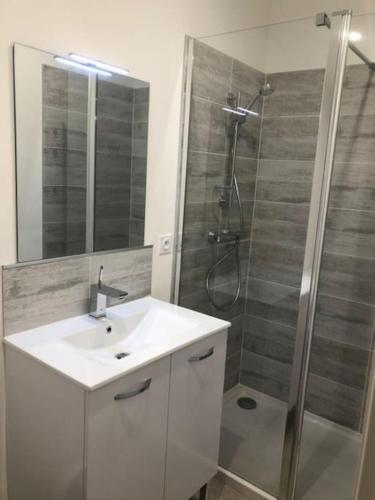 a bathroom with a white sink and a shower at T3 climatisé à 10 min des plages in Perpignan