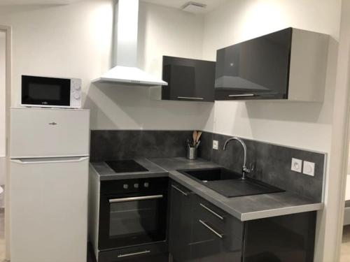 La cuisine est équipée d'une cuisinière, d'un évier et d'un réfrigérateur. dans l'établissement T3 climatisé à 10 min des plages, à Perpignan