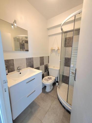 une salle de bain avec toilettes, lavabo et douche dans l'établissement M2M Studio magnifique vue mer - avec balcon - les pieds dans l eau!, à Blonville-sur-Mer