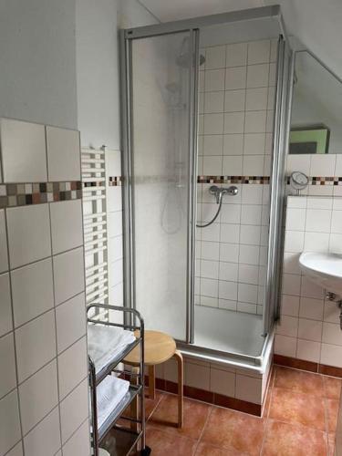 a bathroom with a shower and a table and a sink at Ferienwohnung - Schweriner Altstadt - FeWo 3 in Schwerin