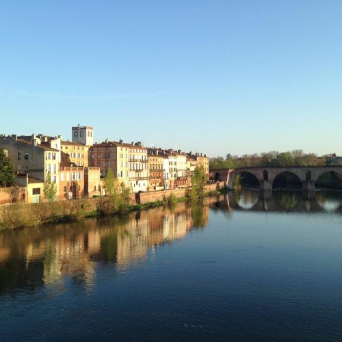 a view of a river with buildings and a bridge at Hôtel du Commerce in Montauban