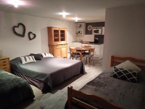 Cet appartement comprend une chambre avec deux lits, une table et une cuisine. dans l'établissement Espace Grenouillit Le Puy en Velay, au Puy-en-Velay