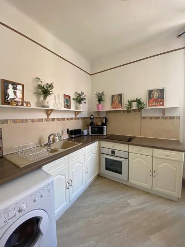une cuisine avec des armoires blanches, un évier et un lave-vaisselle dans l'établissement Logement hyper centre et près de la plage 1er étage, à Biarritz