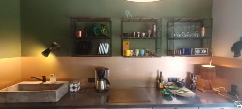 een keuken met een wastafel en een koffiezetapparaat op een aanrecht bij maison MON REVE in Le Vigan