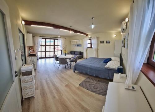 萊斯科的住宿－W dolinie Sanu，一间卧室和一间带一张床铺和一张桌子的客厅
