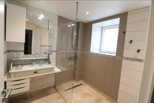 La salle de bains est pourvue d'une douche en verre et d'un lavabo. dans l'établissement Gite d'Antoine, à Saint-Gérons