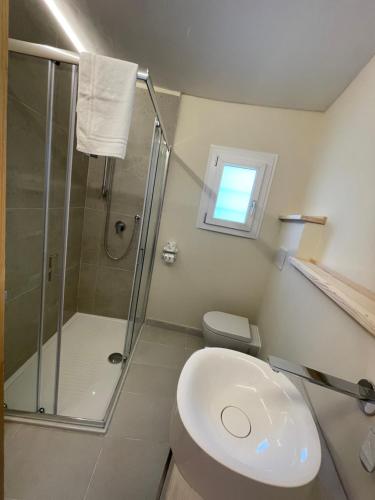 a bathroom with a shower and a toilet and a sink at Domus de Diana in Olbia