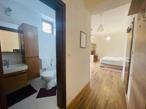 uma casa de banho com um WC, um lavatório e uma cama em Fuk-tak apartmani&restoran em Star Dojran