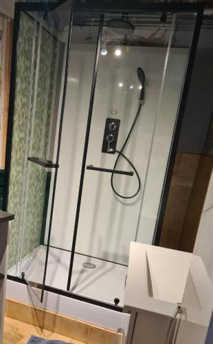 une douche avec une porte vitrée dans une pièce dans l'établissement Andersson, FA, à Fa