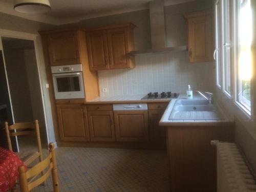 a kitchen with wooden cabinets and a sink at Gite de Saint Jean in Saint-Jean-de-Thouars