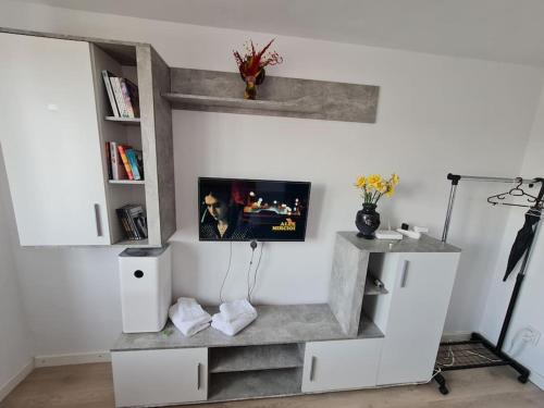 Una sala de estar con una estantería y un televisor. en Garsoniera - moderna - Timișoara, en Timisoara