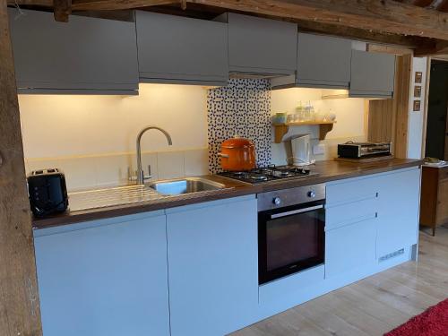 una cocina con armarios blancos y fregadero en Le Bel appartement de Montagne en Bellevaux