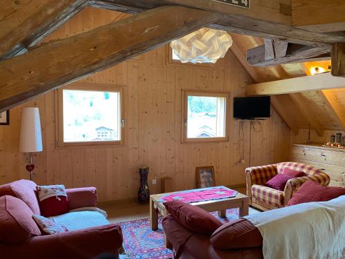 un salon avec deux canapés et une télévision dans l'établissement Le Bel appartement de Montagne, à Bellevaux