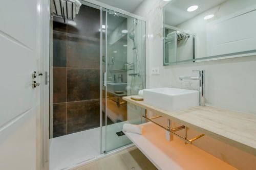 a bathroom with a sink and a shower at SUARA Apartamentos 1 in Madrid