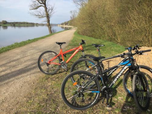 two bikes parked next to a road next to a river at Noclegi Little Sheep in Chojna