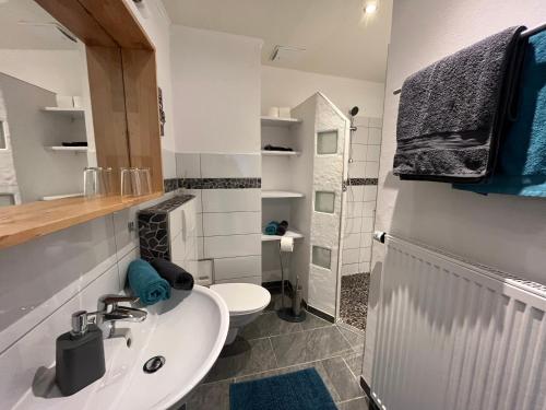 a bathroom with a white sink and a toilet at Ferienwohnung Am Bachlauf in Pommern