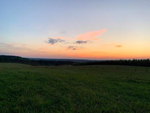 a field of grass with a sunset in the background at Noclegi Little Sheep in Chojna