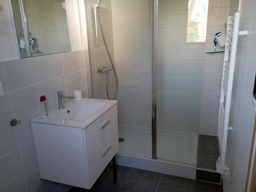 La salle de bains blanche est pourvue d'une douche et d'un lavabo. dans l'établissement Jolie petite maison, à Sanguinet
