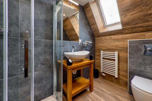 uma casa de banho com um lavatório e um chuveiro em Willa Mamcorka em Poronin