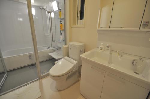 ein Bad mit einem WC, einem Waschbecken und einer Dusche in der Unterkunft Cat's Villa Hakuba 4- Vacation STAY 82229 in Hakuba