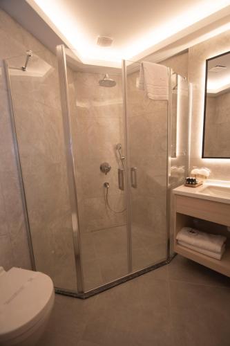 a bathroom with a shower with a toilet and a sink at Vera Life Hotel in Istanbul