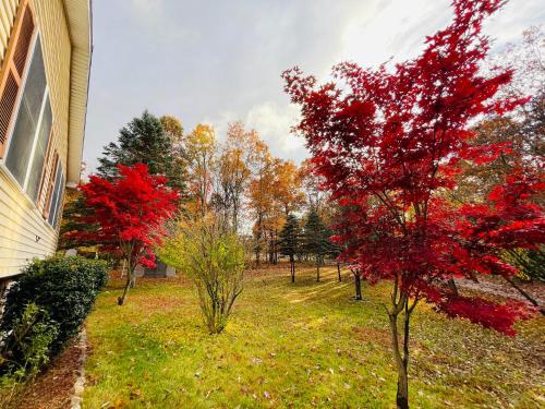 a group of trees with red leaves next to a house at Stunning Poconos Villa- Hot Tub, Pool, Game Room, BBQ & more in East Stroudsburg