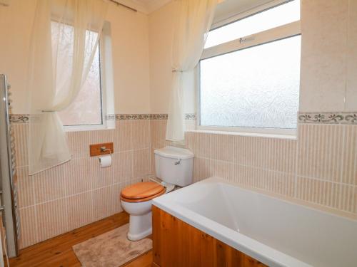 a bathroom with a toilet and a tub and a window at Cheriton in Tuxford