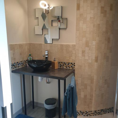 une salle de bain avec un lavabo et un miroir dans l'établissement Chez Cathie à Muret, à Muret