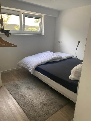 1 dormitorio con 1 cama en una habitación con 2 ventanas en Ferienwohnung bei Freiburg, en Holzhausen