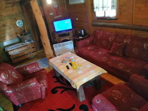 a living room with a red couch and a table at Apartmani Dada Kanjon Grmuša in Bihać