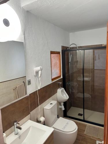 La salle de bains est pourvue de toilettes, d'une douche et d'un lavabo. dans l'établissement SALINETAS BLUE SURF HOUSE, à Telde