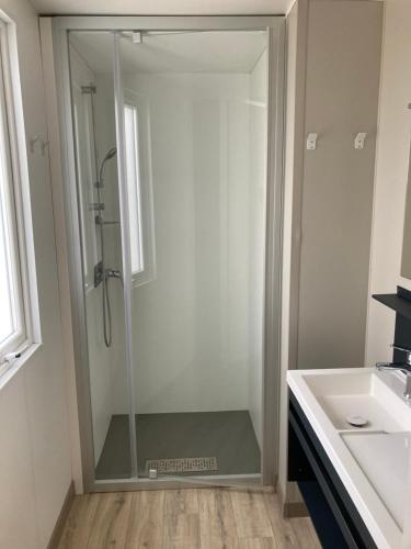 a shower with a glass door in a bathroom at CAMPING MONTE ORTU in Lumio