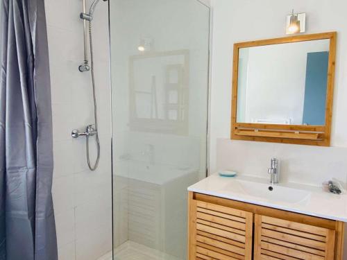 une salle de bain avec une douche, un lavabo et un miroir dans l'établissement Maison 3 étoiles jardin parking, plage 100m - FR-1-542-19, à Pleumeur-Bodou