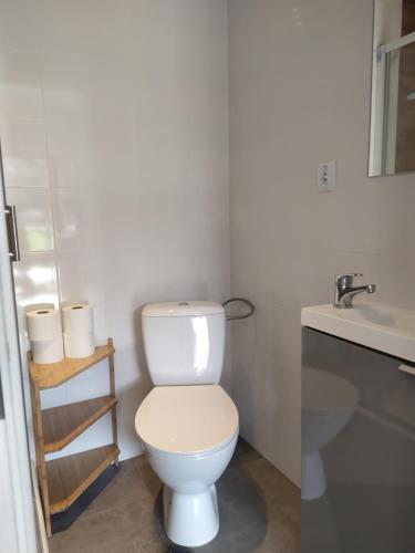 a bathroom with a white toilet and a sink at #WilkasyPortPlaża in Wilkasy