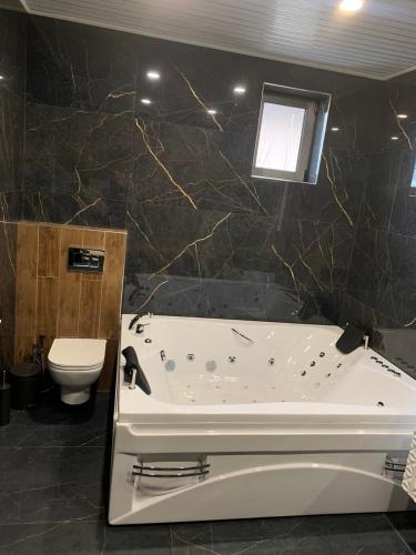 a bathroom with a bath tub and a toilet at Апартамент Пламен in Vratsa