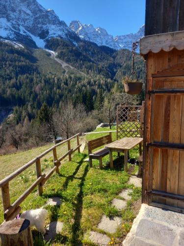 a wooden bench sitting in the grass near a fence at Chalet La Rite Dolomiti in Masariè