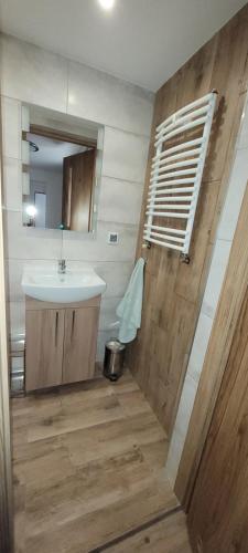 a bathroom with a sink and a mirror at Domki nad Morzem "Dom Turysty MAG" in Gdańsk