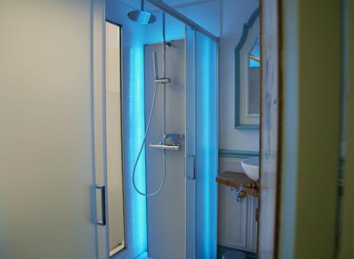 a blue bathroom with a shower and a sink at PALAZZO ALESSANDRINI GUEST HOUSE in Viterbo