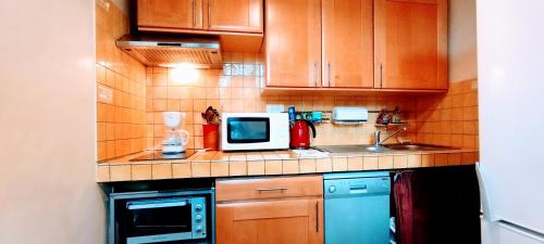 La cuisine est équipée de placards en bois, d'un four micro-ondes et d'un évier. dans l'établissement Villa Jardin fleuri, à Avignon