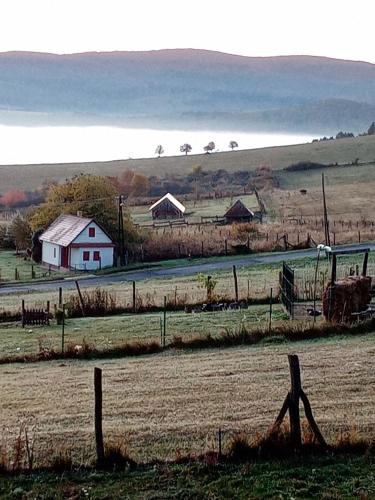 a farm with a fence and a barn in a field at Kaláris Vendégház in Hollókő