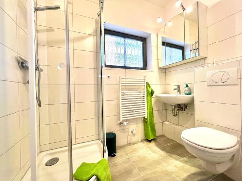 La salle de bains est pourvue d'une douche, de toilettes et d'un lavabo. dans l'établissement Stadtmauerhaus, à Prenzlau
