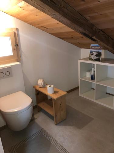 a bathroom with a white toilet and a table at Sérénité et nature dans une ferme équestre - studio familial in Massonnens