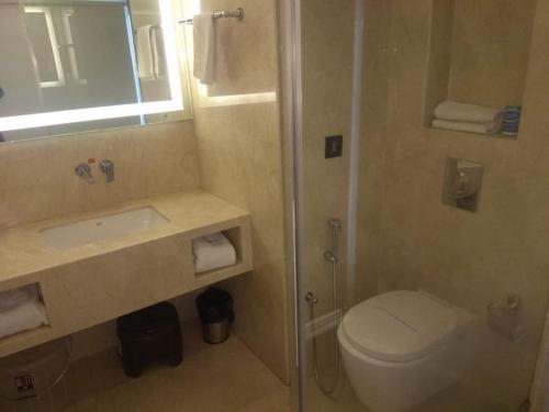 a bathroom with a toilet and a sink and a shower at Quality Inn Regency, Nashik in Nashik
