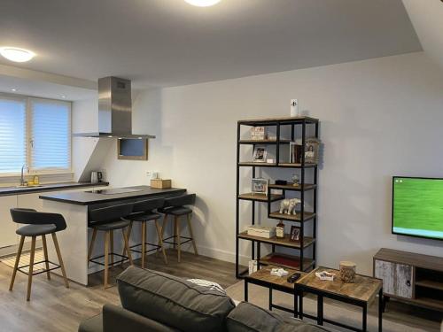 uma sala de estar com um sofá e uma cozinha em Kerkakker2 Modern apartment in the city center em Eindhoven