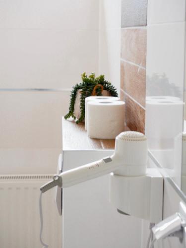 a white bathroom with a plant on a counter at Zajazd u Basi in Otyń