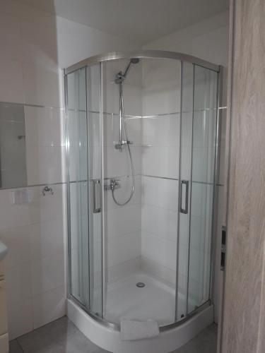 a shower with a glass enclosure in a bathroom at Zajazd u Basi in Otyń