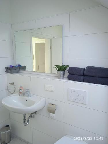 een witte badkamer met een wastafel en een spiegel bij Zimmer Frei 3 in Wiesbaden