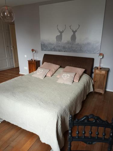a bedroom with a bed with two pillows on it at Chambres et table L' échappée in Bouvesse-Quirieu