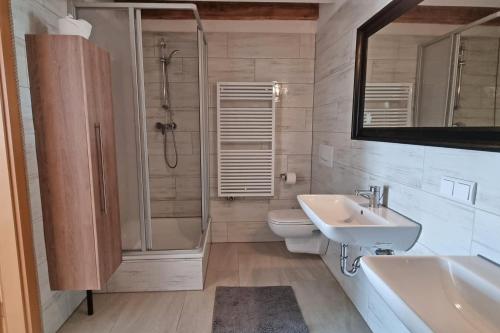 a bathroom with a sink and a shower and a toilet at Haus Stella am Meer in Rerik