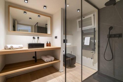 uma casa de banho com um chuveiro, um lavatório e um espelho. em Alta House Apartments Sa Blava em Begur